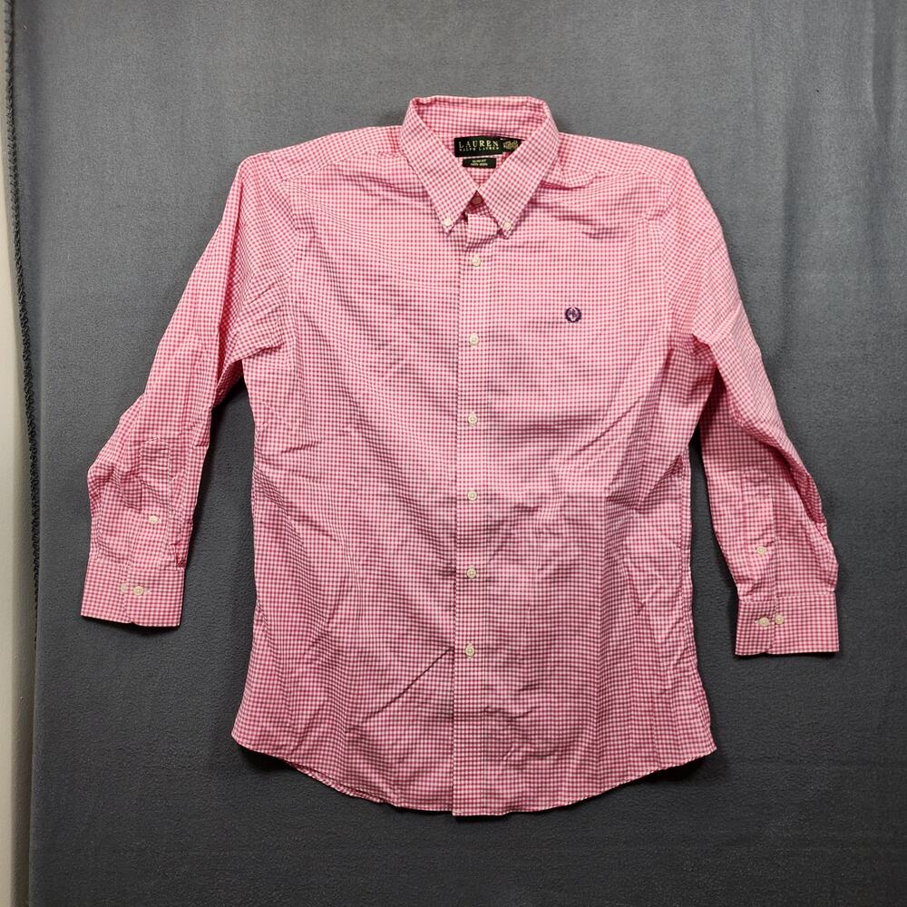Ralph Lauren LRL Mens Shirt 16.5 32/33 Slim Fit Pink Gingham Check Monogram Logo